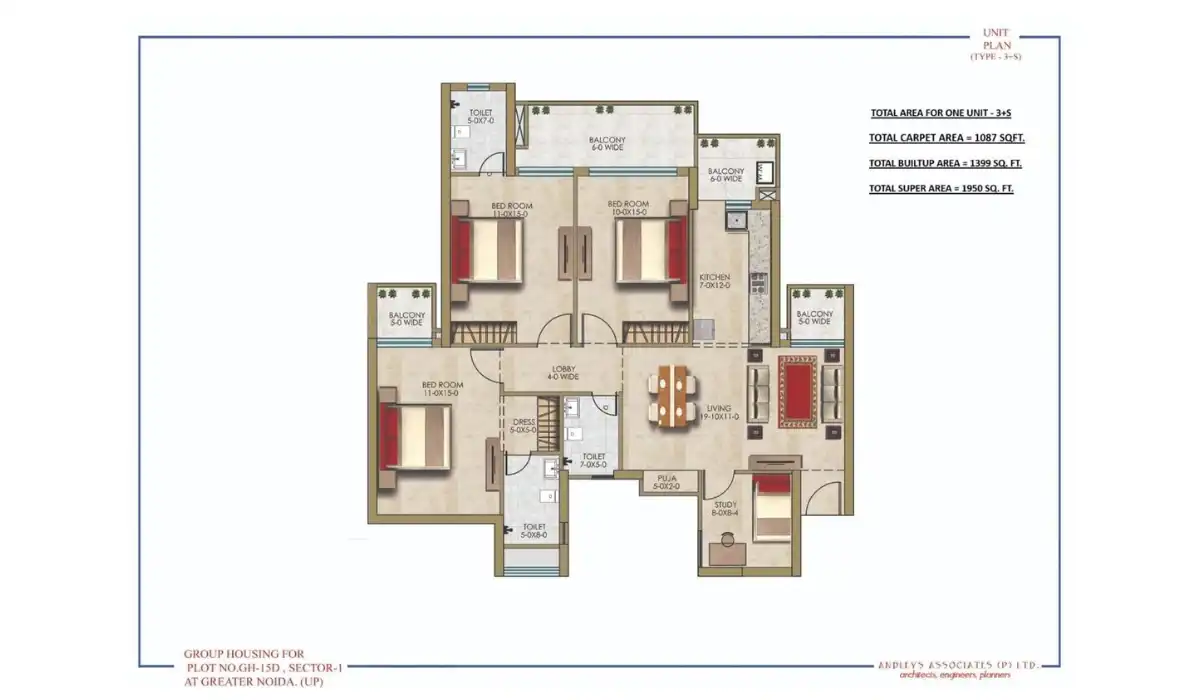 Diligent The Valley 3 BHK + 3T + Study Room + Pooja Room - 1950 Sq.Ft.